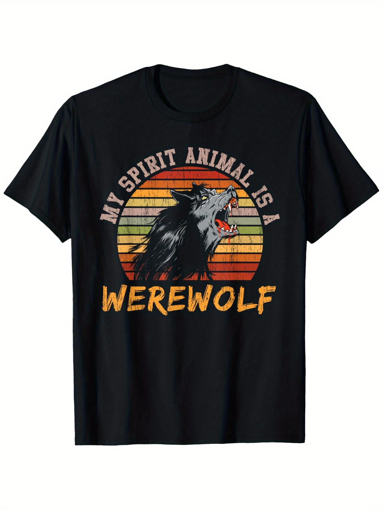 Men's Graphic T-Shirt My Spirit Animal Is A Werewolf Retro Sunset With Howling Wolf Among Forest Trees Werewolf