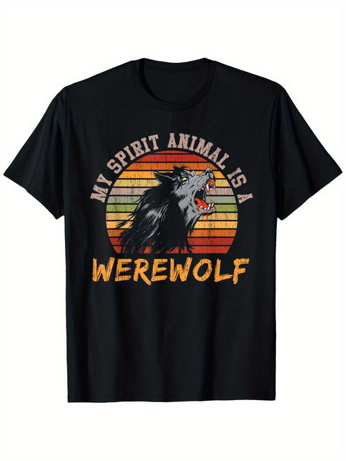 Men's Graphic T-Shirt My Spirit Animal Is A Werewolf Retro Sunset With Howling Wolf Among Forest Trees Werewolf