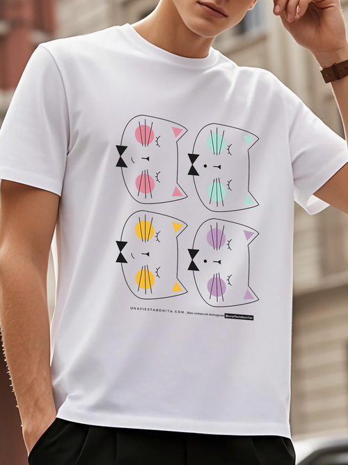 Men's Graphic T-Shirt Playful Pastel Line Art Among Geometric Shapes Cat