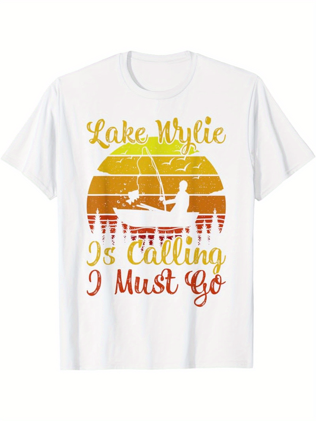 Men's Graphic T-Shirt Lake Wylie Is Calling I Must Go With Sunset And Canoe Under Trees Silhouette