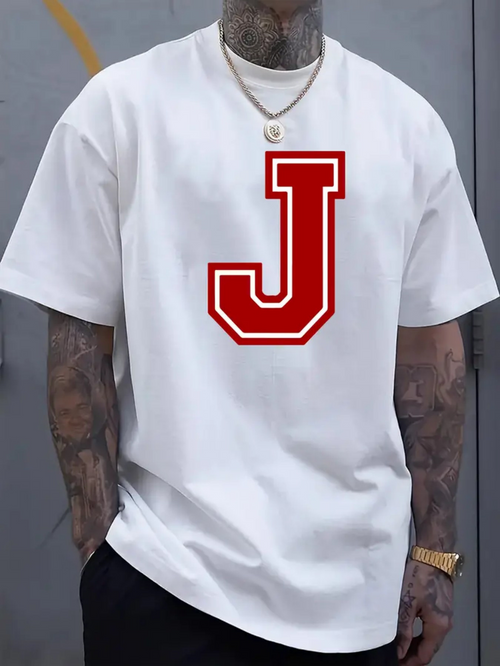 Men's Graphic T-Shirt Bold Red Border Varsity Letter J On White Tee