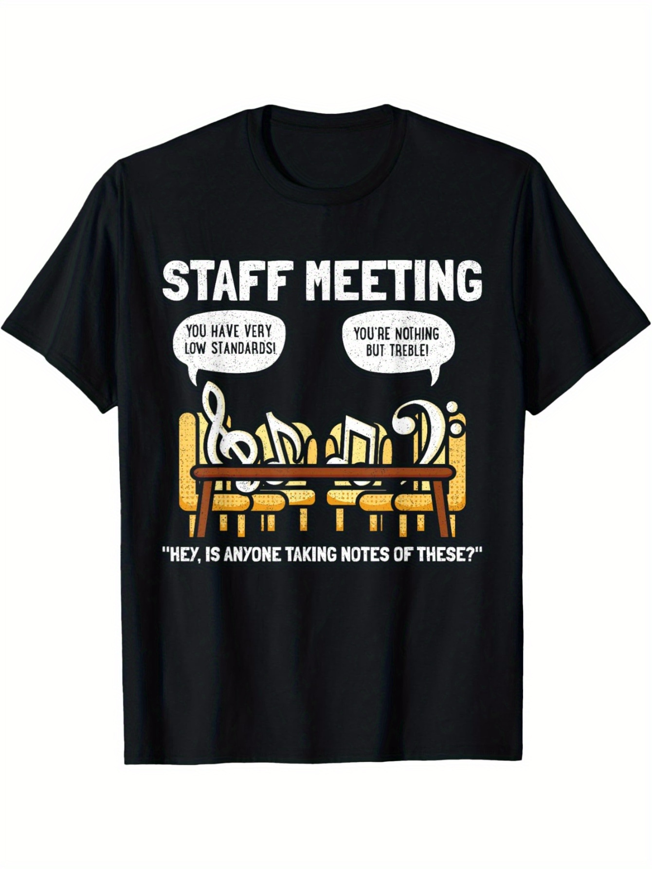 Men's Graphic T-Shirt Staff Meeting Cartoon Music Notes Around Conference Table