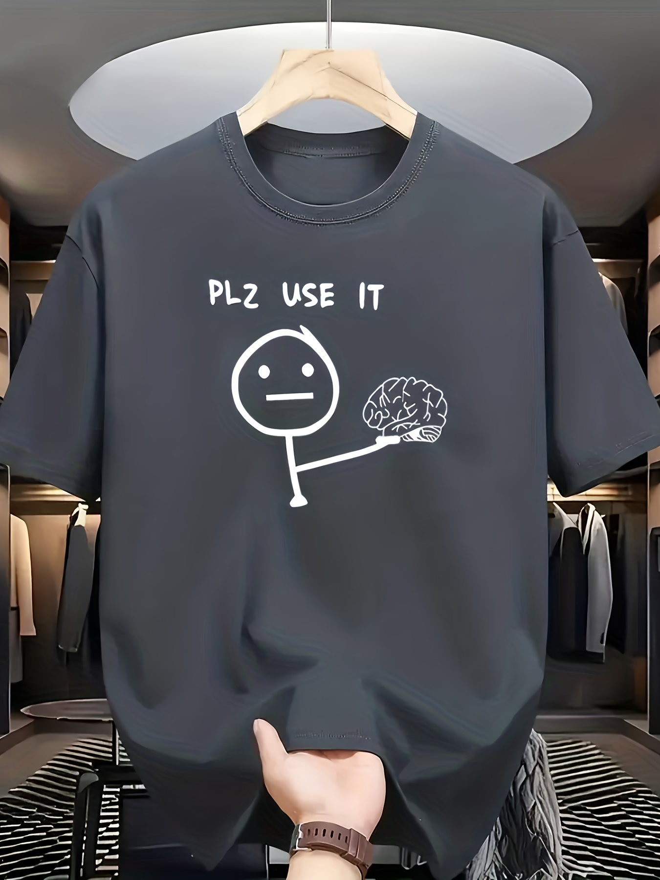 Men's Graphic T-Shirt Plz Use It Funny Stick Figure Holding Brain