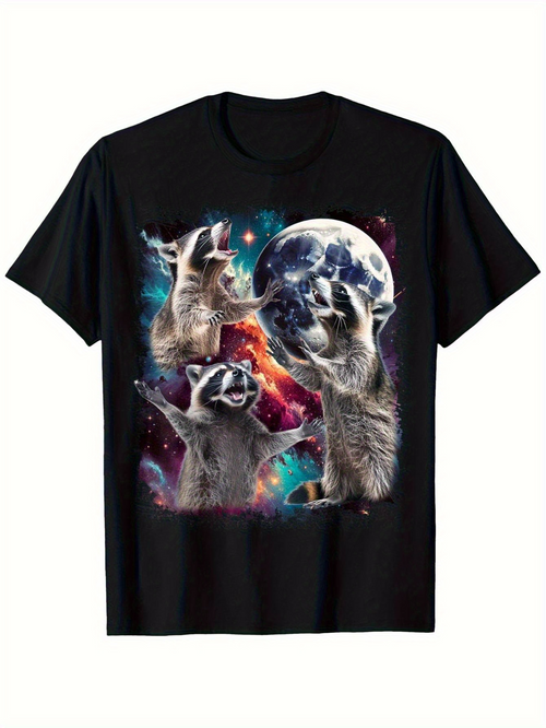 Men's Graphic T-Shirt Three Playful Raccoons Among Glowing Stars And Full Moon
