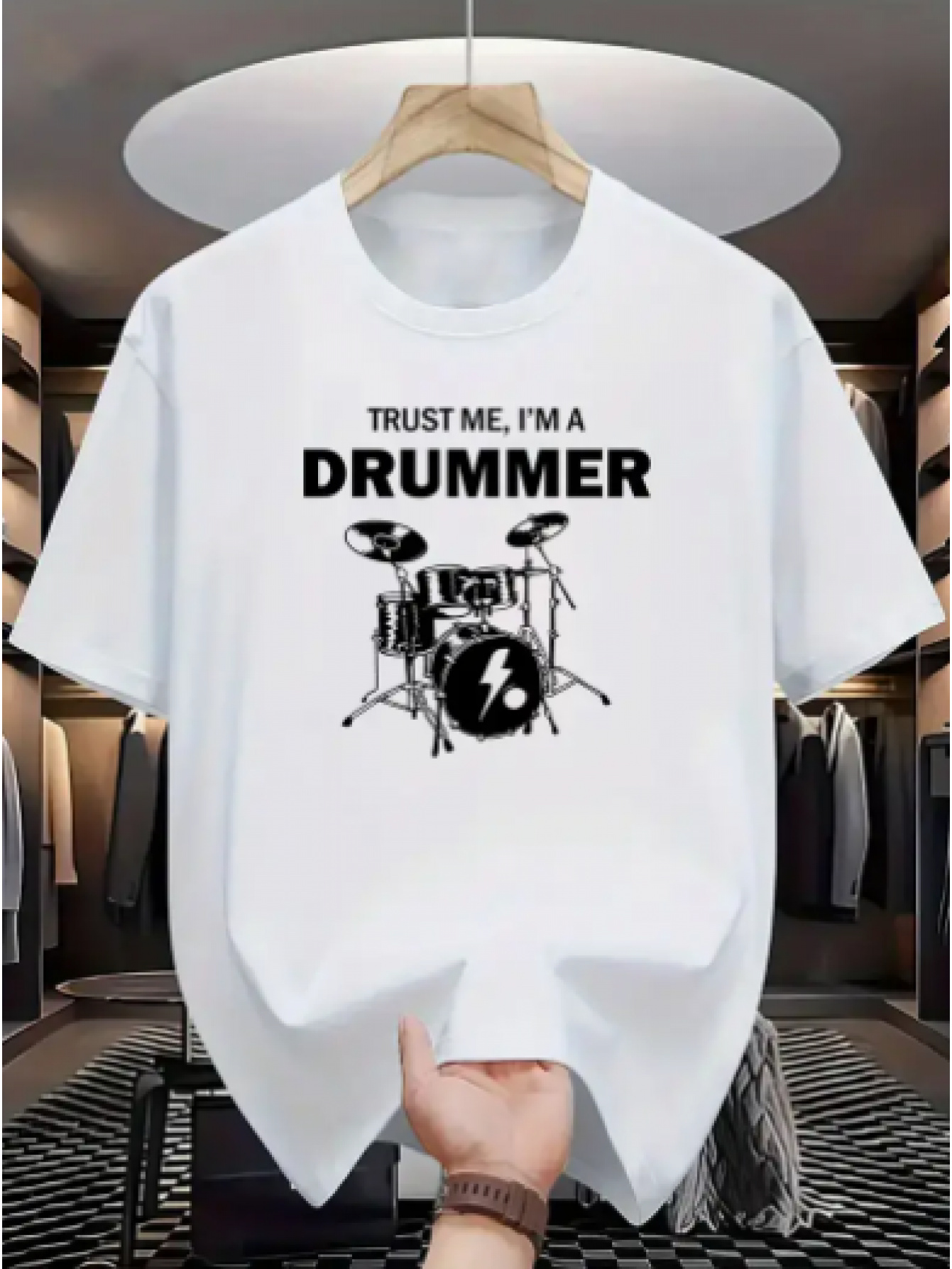Men's Graphic T-Shirt Trust Me I Am A Drummer With Classic Drum Kit Surrounded By Stage Lights