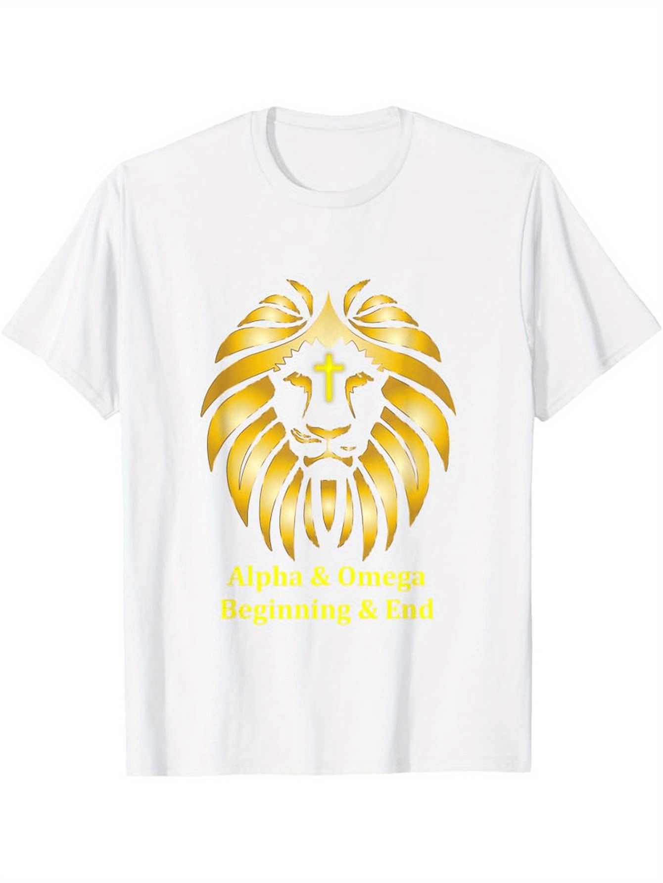 Men's Graphic T-Shirt Alpha Omega Beginning End With Gold Radiant Lion