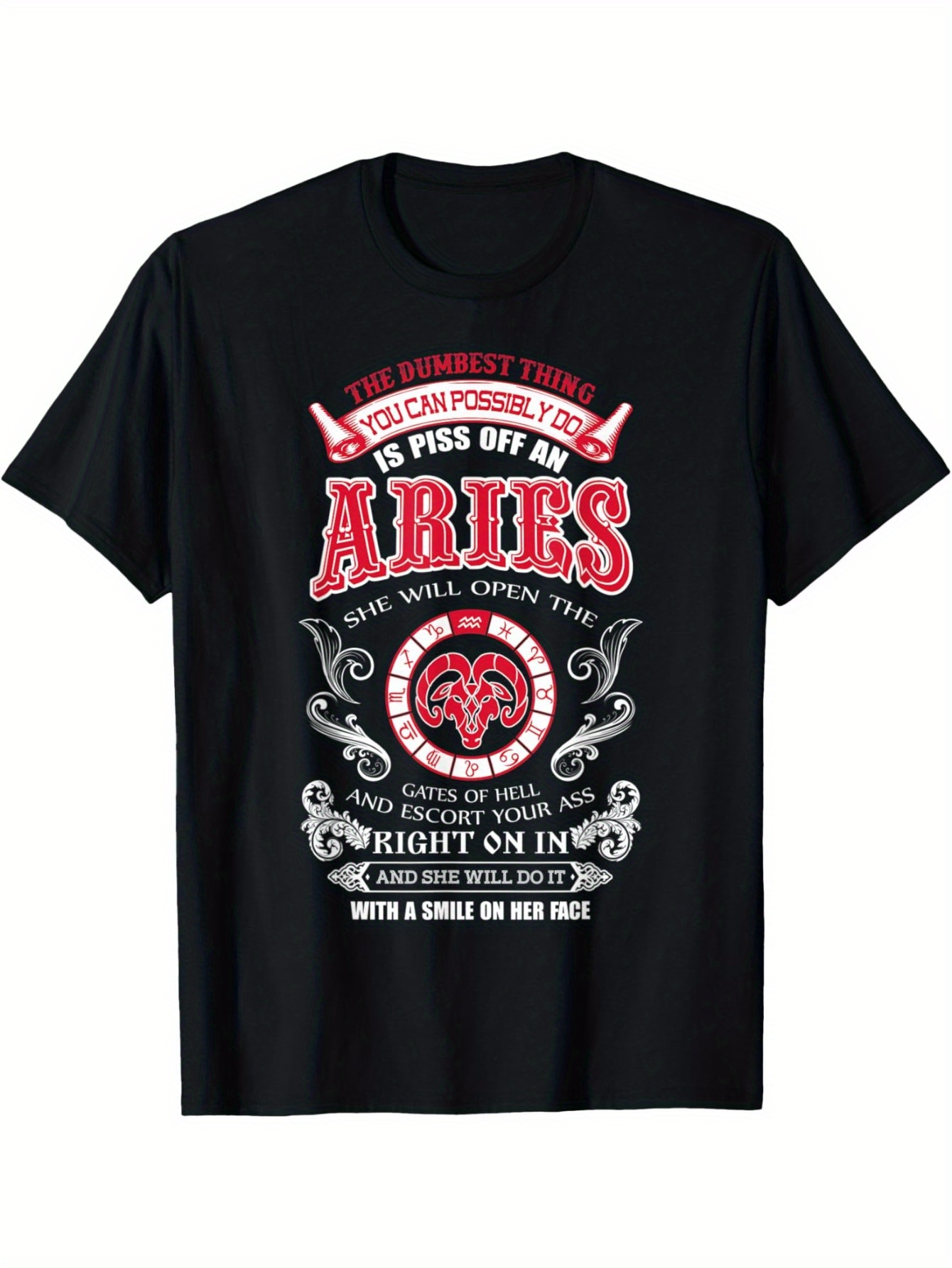 Men's Graphic T-Shirt Bold Zodiac Typography With Decorative Banner And Aries Ram Symbol