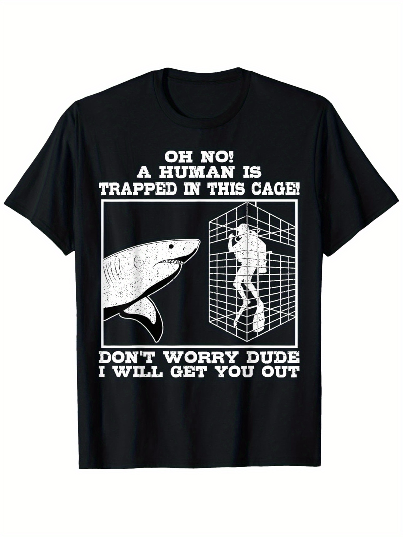 Men's Graphic T-Shirt Oh No A Human Is Trapped Shark With Caged Diver Illustration