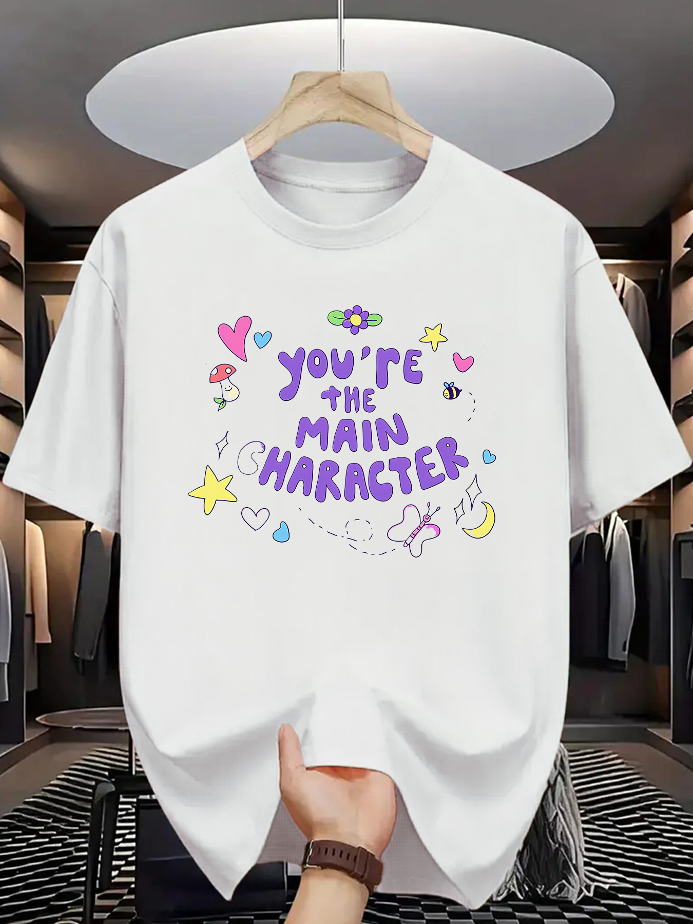 Men's Graphic T-Shirt Youre The Main Character Surrounded By Colorful Hearts And Stars Graphic T Shirt