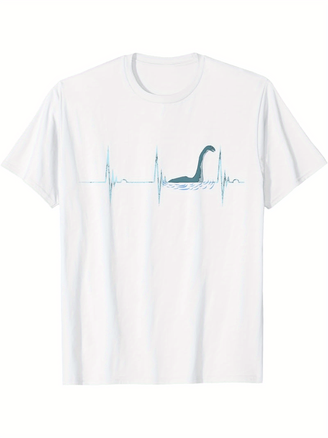 Men's Graphic T-Shirt Heartbeat Waves With Loch Ness Monster Silhouette Among Calm Water Dinosaur