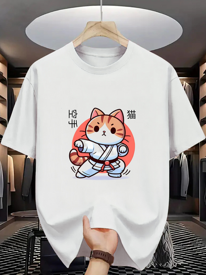 Men's Graphic T-Shirt Fiery Karate Cat With Red Sun Behind Fluffy Tail Cat