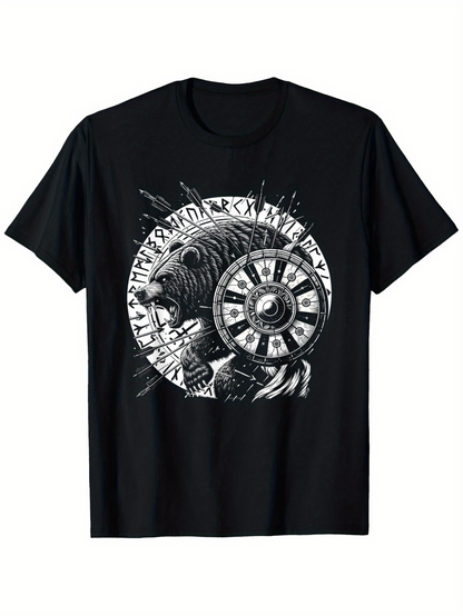 Men's Graphic T-Shirt Ancient Warrior With Battle Shield Among Striking Runes Graphic Lion