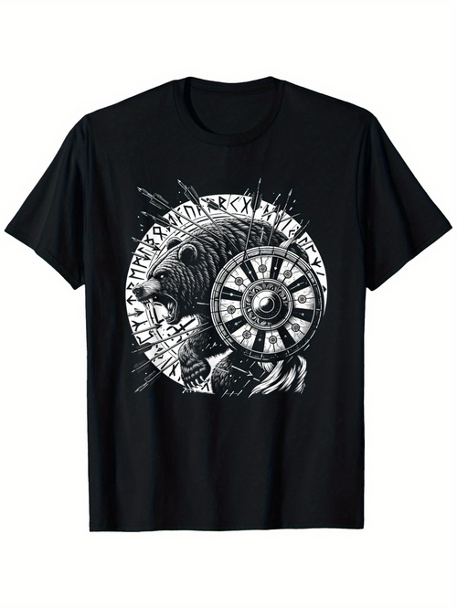 Men's Graphic T-Shirt Ancient Warrior With Battle Shield Among Striking Runes Graphic Lion