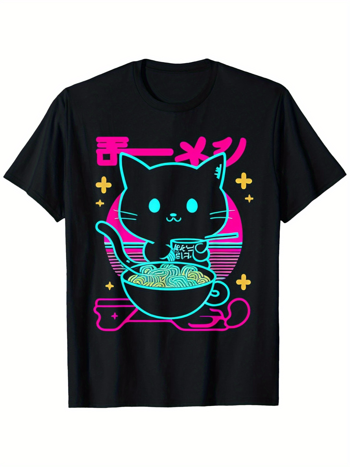 Men's Graphic T-Shirt Retro Neon Style Cat Eating Ramen Under Vibrant Sunset