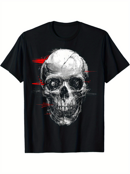 Men's Graphic T-Shirt Abstract Red Streaks Over Monochrome Rough Painted Skull
