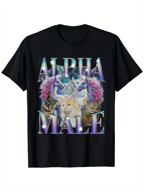 Men's Graphic T-Shirt Alpha Male Surrounded By Fantasy Cats With Magical Sparkling Aura