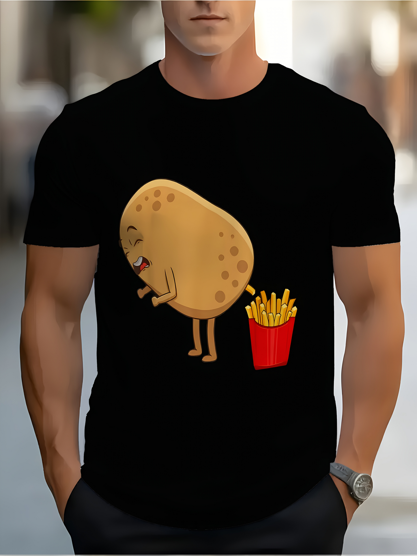 Men's Graphic T-Shirt Cute Cartoon Potato Standing Beside Crispy French Fries