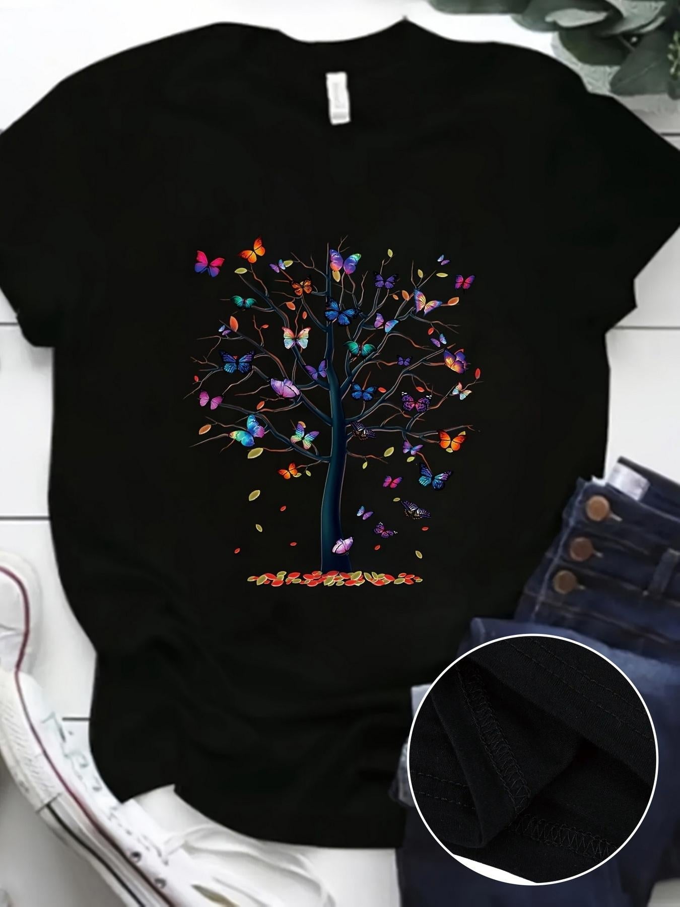 Women's Graphic T-Shirt Colorful Butterflies And Vivid Blossoms Flying Around Lively Tree