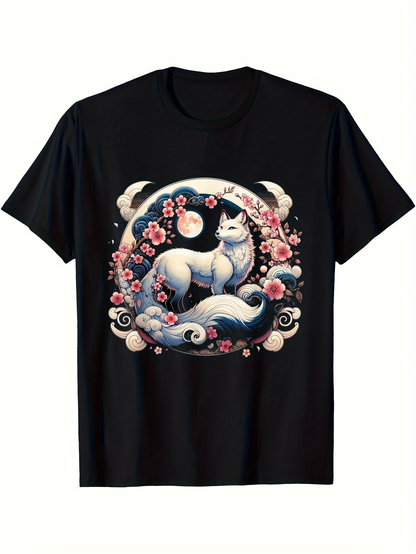 Men's Graphic T-Shirt Cherry Blossoms Moonlit Waves With Elegant Mythical Fox