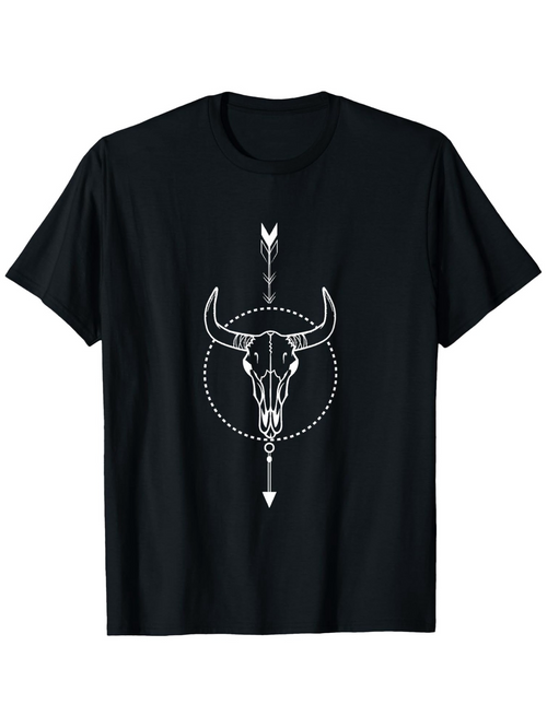Men's Graphic T-Shirt Symmetrical Arrow With Tribal Dotted Circle Surrounding Bull Skull
