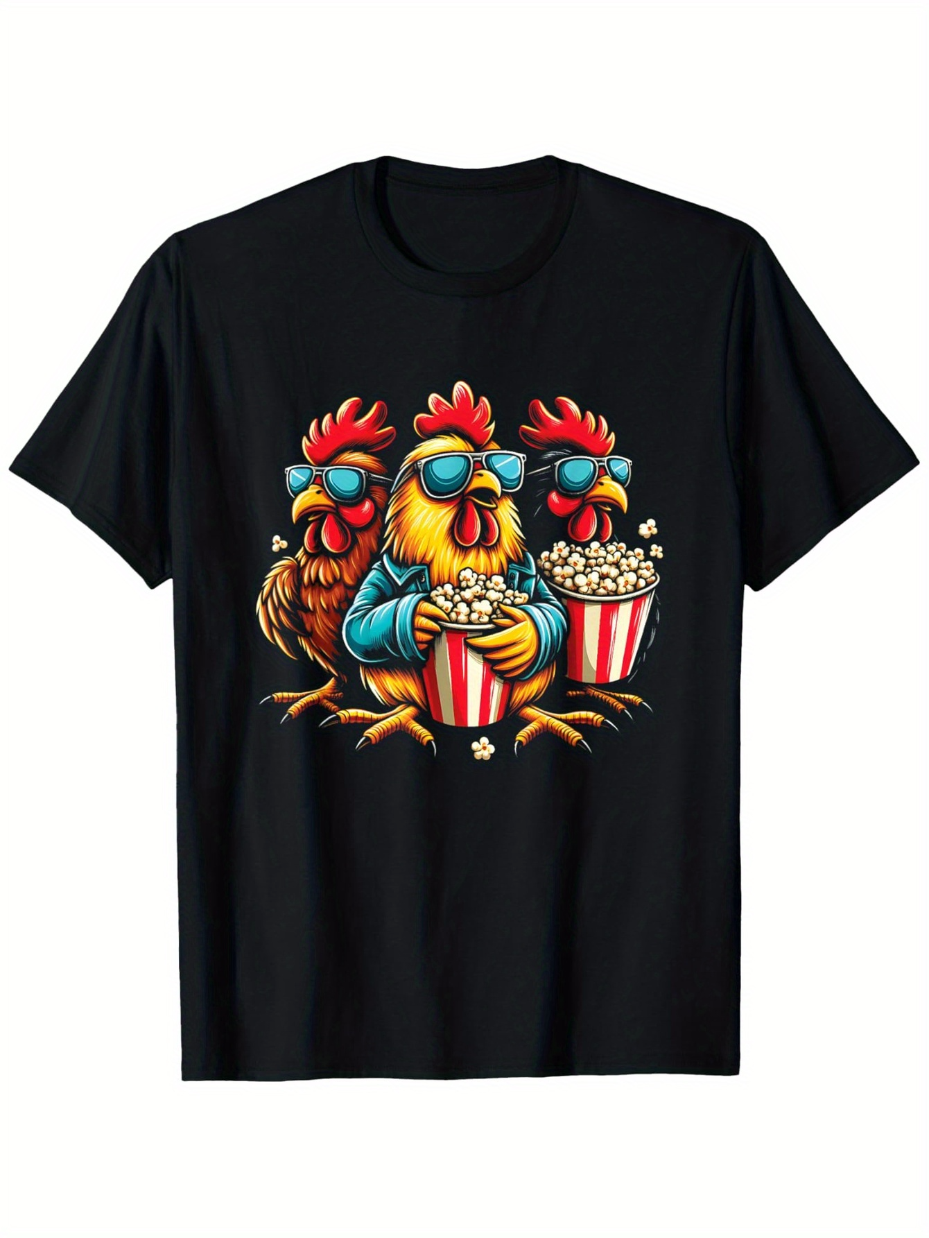 Men's Graphic T-Shirt Retro Chickens Eating Popcorn Together Wearing Blue Sunglasses