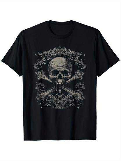 Men's Graphic T-Shirt Vintage Filigree With Skull Bones Under Dark Ornaments Skull
