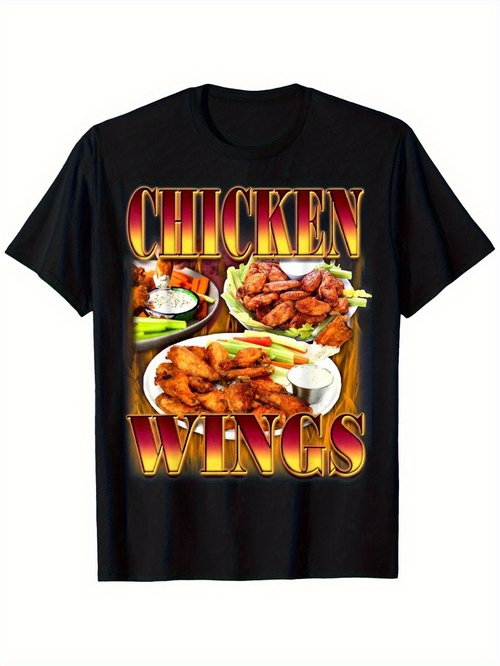 Men's Graphic T-Shirt Chicken Wings Golden Letters Over Fried Platter With Crisp Lettuce Plate Chicken
