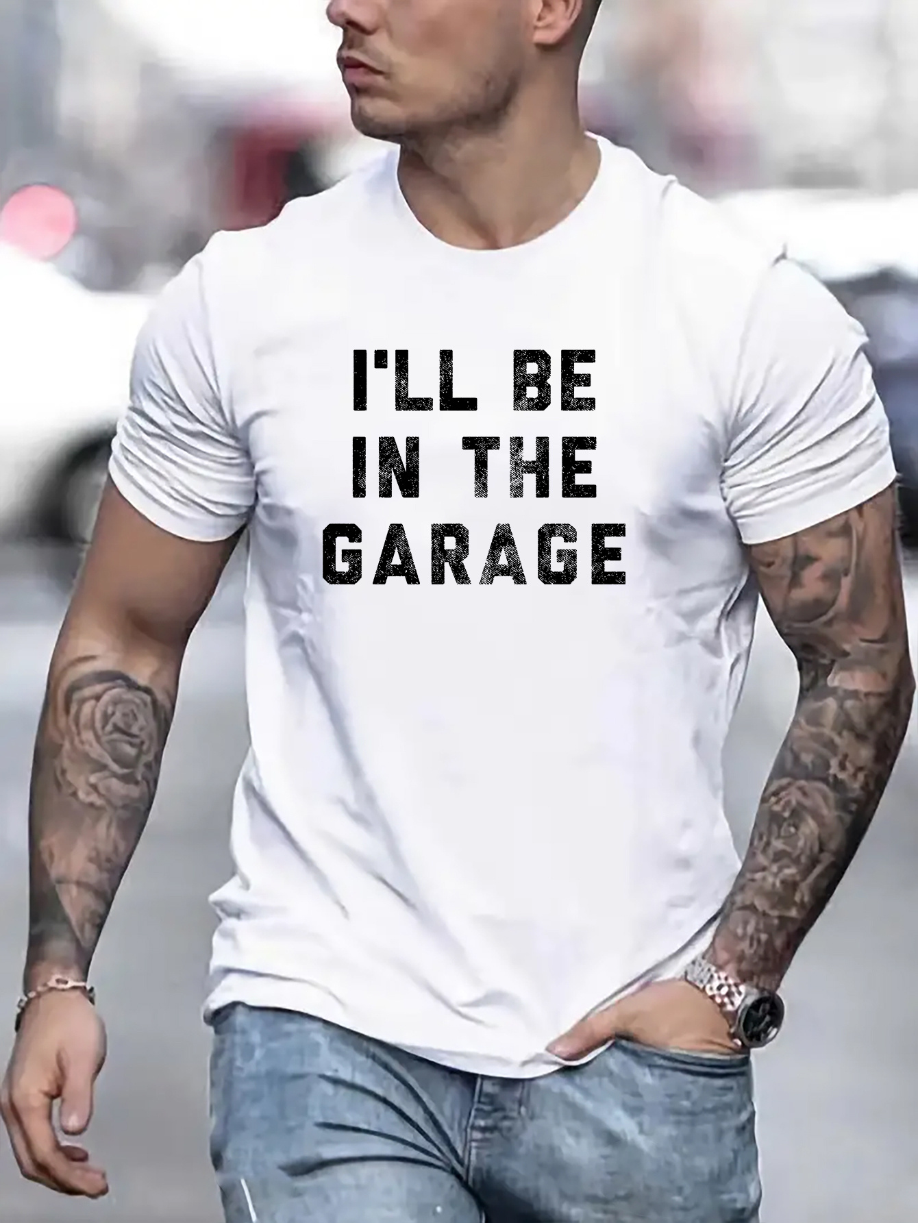 Men's Graphic T-Shirt Ill Be In The Garage Bold Lettered Statement On Simple White Shirt
