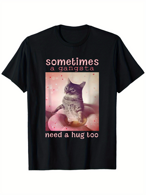 Men's Graphic T-Shirt Sometimes A Gangsta Need A Hug Too Sitting Cat With Pink Soft Cushions And Gentle Light