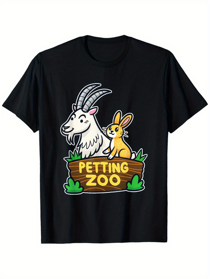 Men's Graphic T-Shirt Petting Zoo Cartoon Bunny With Friendly Goat And Wooden Sign