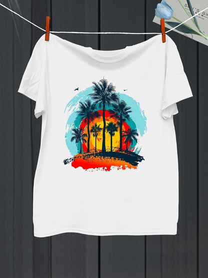 Men's Graphic T-Shirt Vibrant Sunset With Silhouetted Palm Trees And Distant Birds Beach