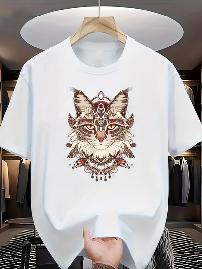 Men's Graphic T-Shirt Bohemian Inspired Tribal Feather Elements Surrounding Wild Cat