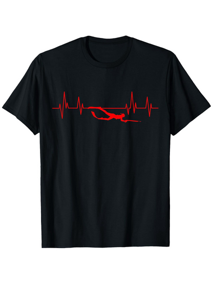 Men's Graphic T-Shirt Heartbeat Line With Red Pulse And Freestyle Swimmer Silhouette