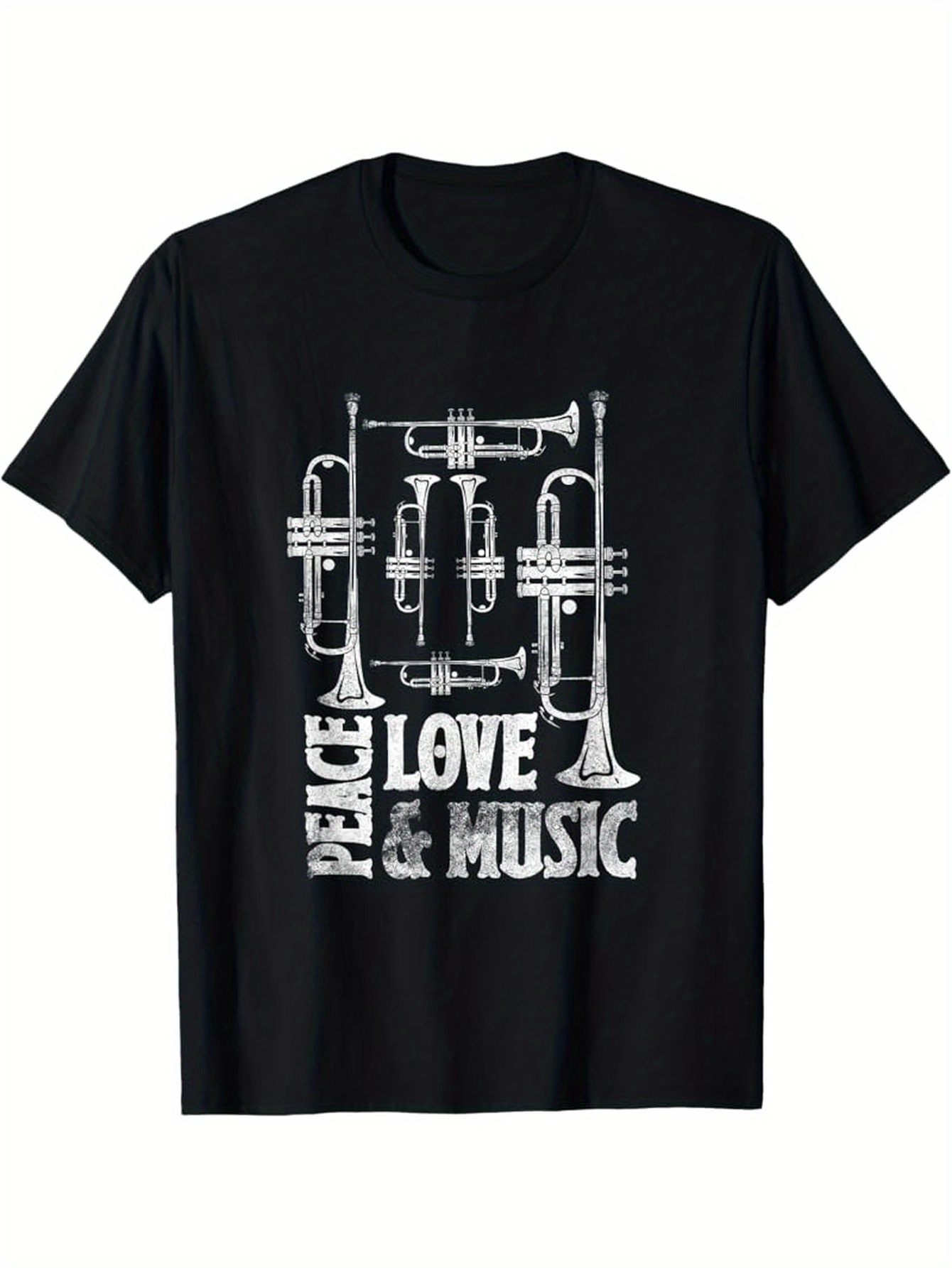 Men's Graphic T-Shirt Peace Love And Music With Stylized Brass Trumpet Instruments