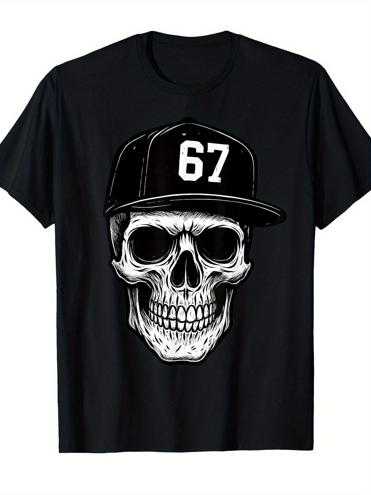 Men's Graphic T-Shirt Bold Number 67 On Monochrome Hat Featuring Menacing Skull Design