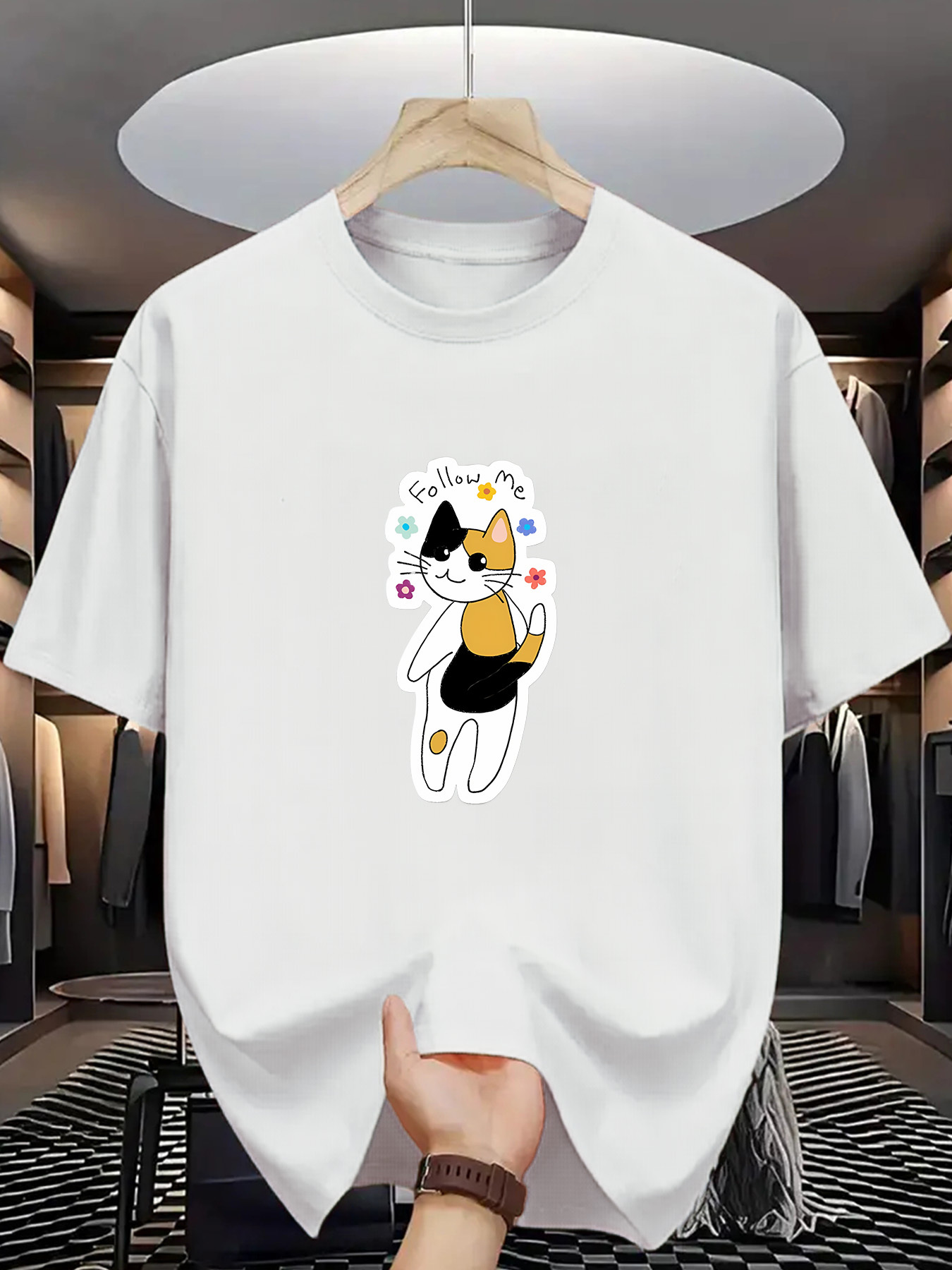 Men's Graphic T-Shirt Colorful Spots With Playful Cartoon Cat Illustration