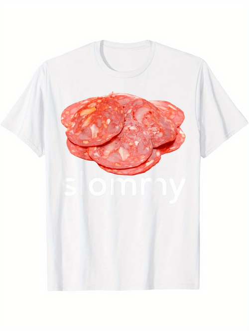 Men's Graphic T-Shirt Sliced Pepperoni Overlapping On White Cotton T Shirt Salami
