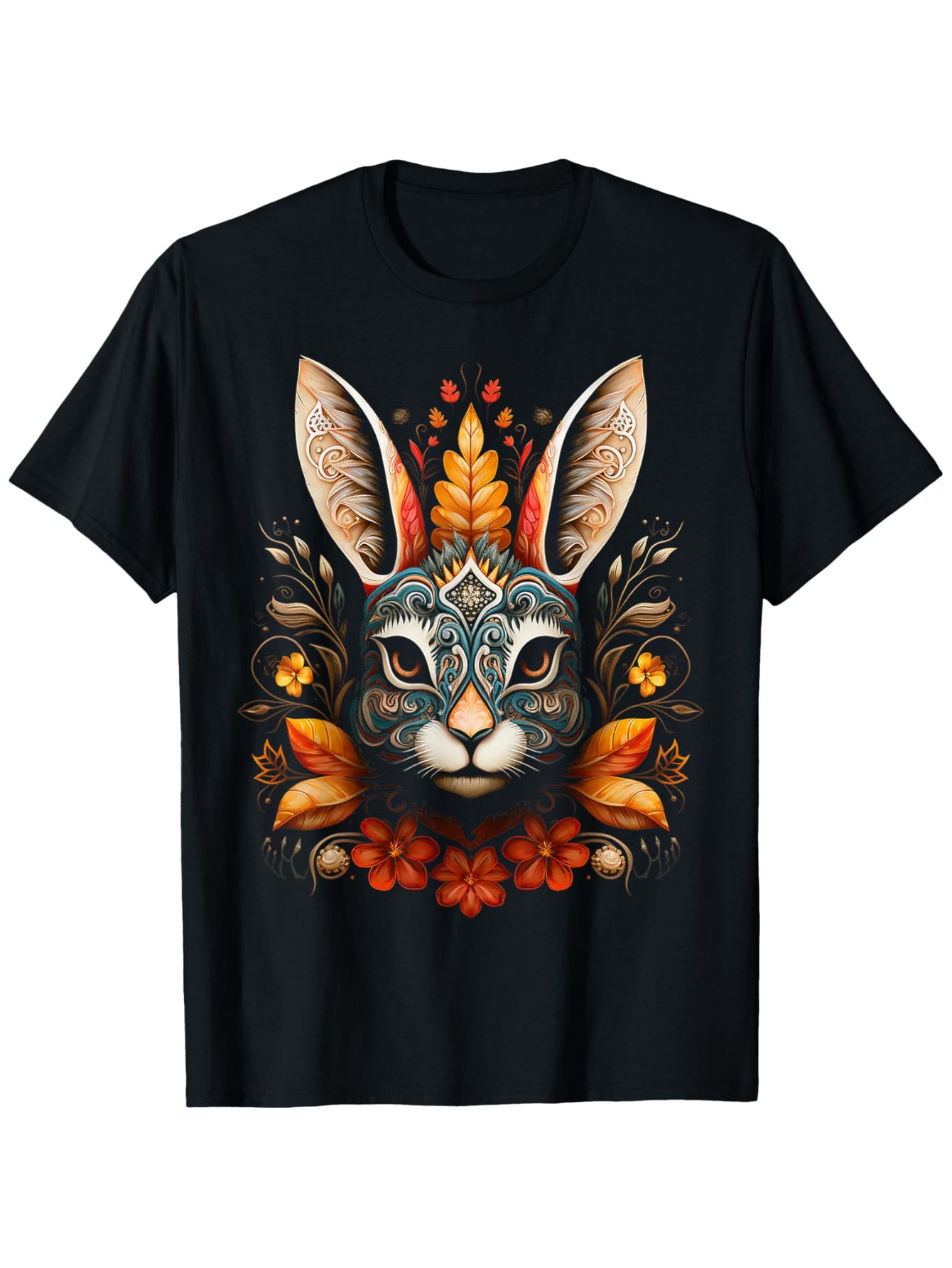 Men's Graphic T-Shirt Floral Ornaments With Autumn Leaves Surrounding Symmetrical Animal Bunny