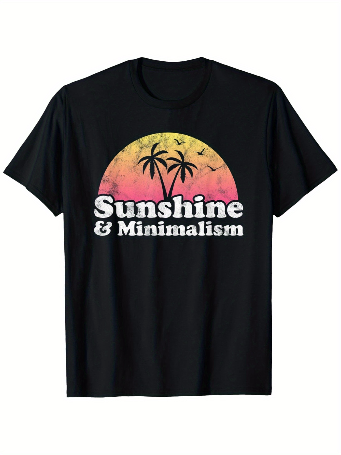 Men's Graphic T-Shirt Sunshine Minimalism With Silhouetted Palm Trees Under A Pastel Sunset Sky