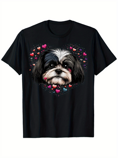 Men's Graphic T-Shirt Adorable Puppy Face With Scattered Colorful Hearts Under Playful Expressions Dog
