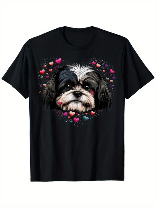 Men's Graphic T-Shirt Adorable Puppy Face With Scattered Colorful Hearts Under Playful Expressions Dog