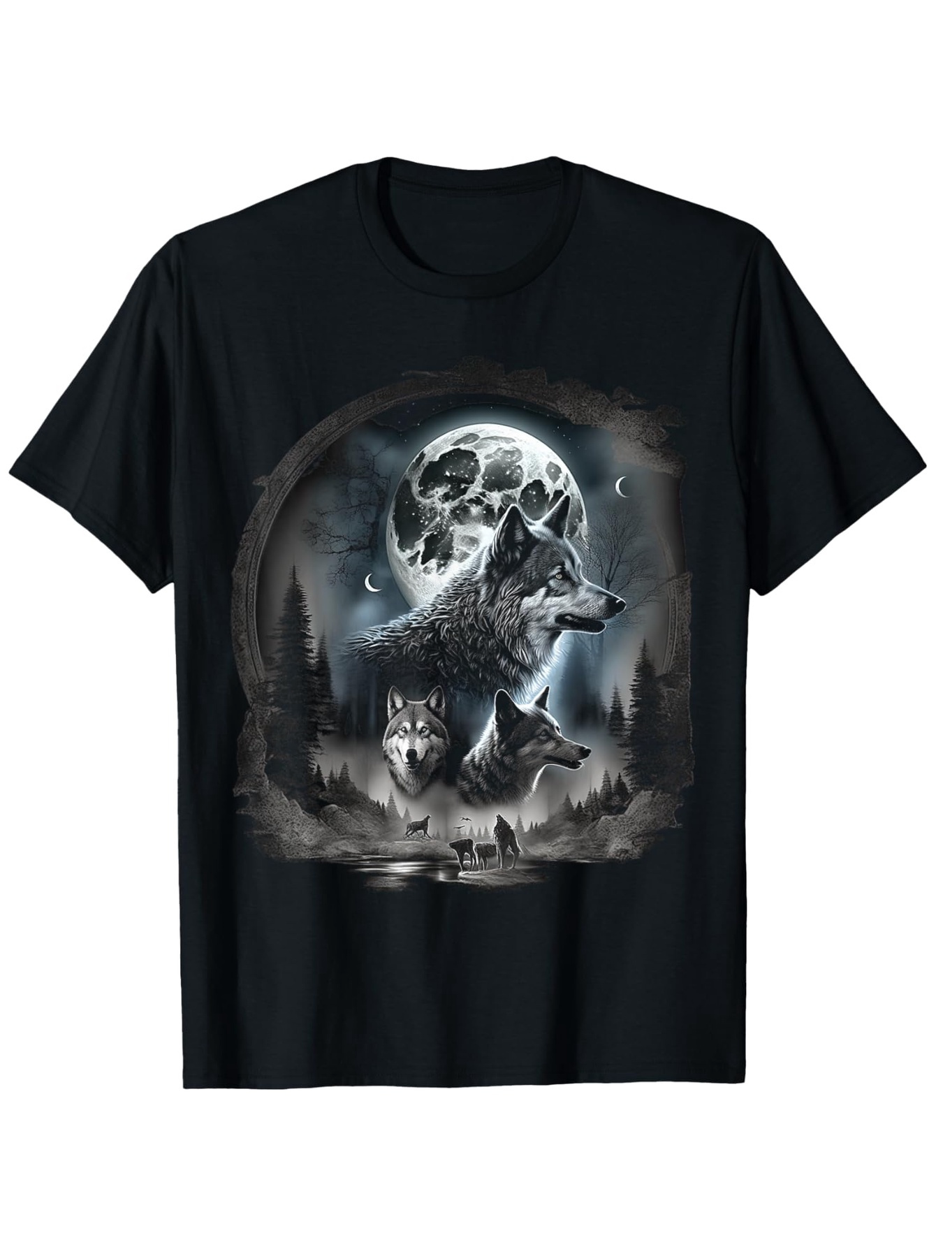 Men's Graphic T-Shirt Howling Wolves Under Full Moon Surrounded By Pine Trees And Misty Forest