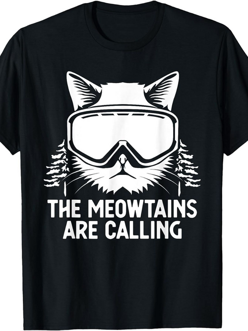 Men's Graphic T-Shirt The Meowtains Are Calling Fluffy Snow Covered Pines With Cat Wearing Goggles