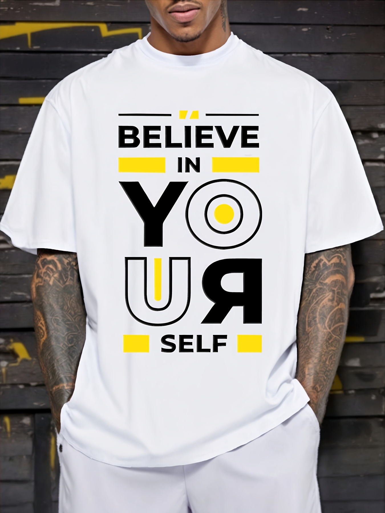 Men's Graphic T-Shirt Believe In Yourself Bold Geometric Letters On White Tee