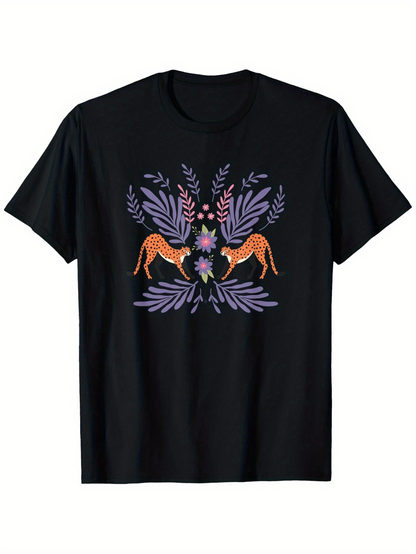 Men's Graphic T-Shirt Delicate Purple Leaves And Blossoms With Two Graceful Grazing Deer