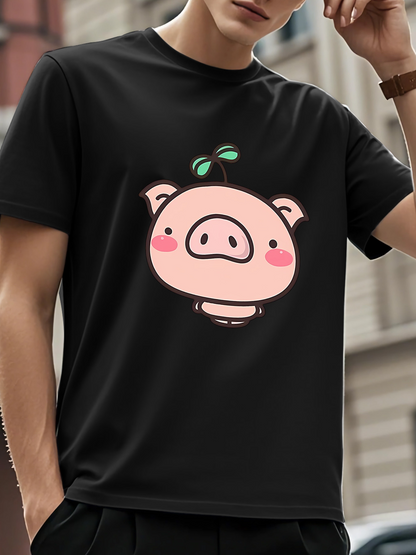 Men's Graphic T-Shirt Adorable Cartoon Pink Pig With Cute Leaf Sprout Under Sunlight Pig