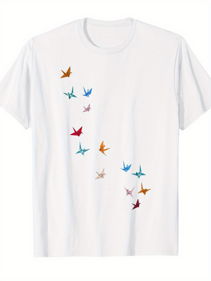 Men's Graphic T-Shirt Colorful Origami Cranes Flying In A Gentle Curved Pattern T Shirt