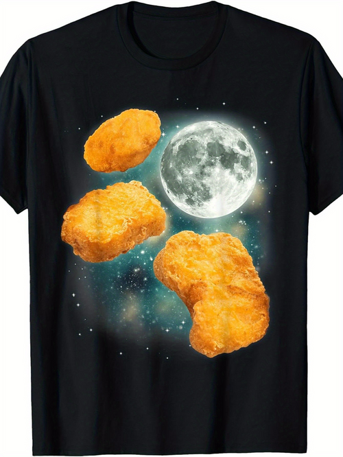 Men's Graphic T-Shirt Golden Crispy Chicken Nuggets Floating Among Moonlight And Cosmic Stars