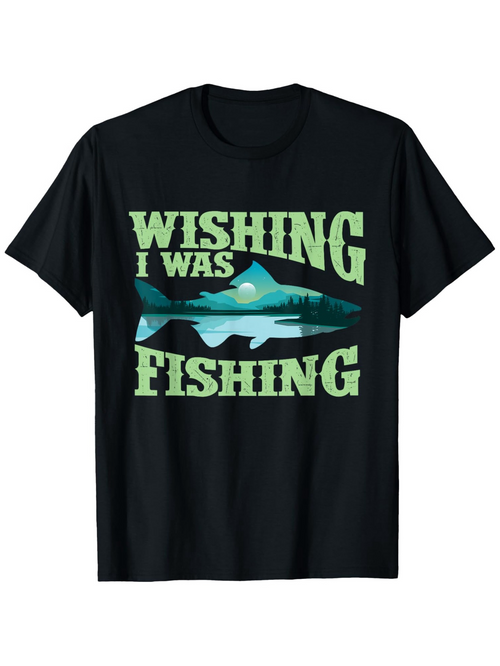 Men's Graphic T-Shirt Wishing I Was Fishing With Lake Reflections And Tree Silhouette Fish