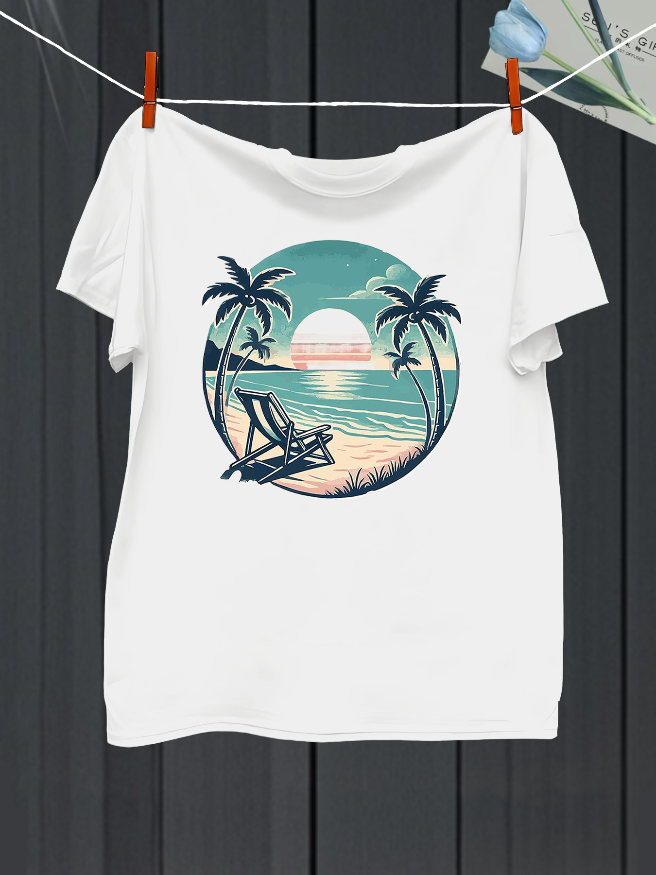 Men's Graphic T-Shirt Tropical Sunrise Over Calm Sea With Lounge Chair Beach